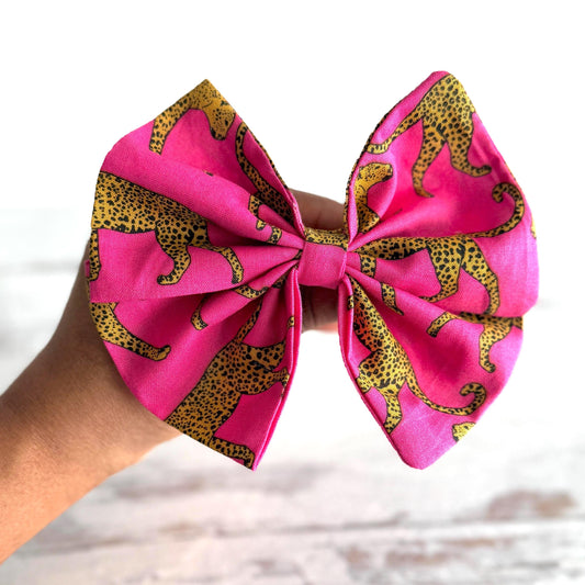 Large Pinwheel Hair Bow, Statement Bow, Boho Pink Leopard Print Hair Clip, Barrette Hair Piece For Girls