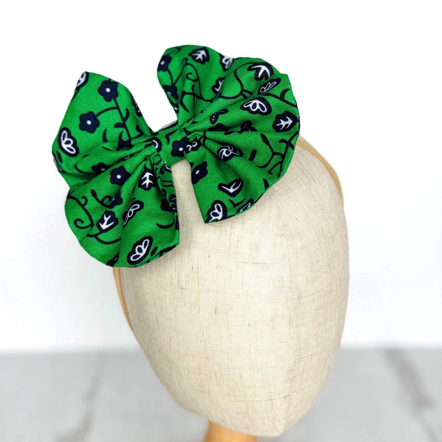 Large Pinwheel Hair Bow, Statement Bow, Green Blue Floral African Ankara Print Hair Clip, Barrette Hair Piece For Girls