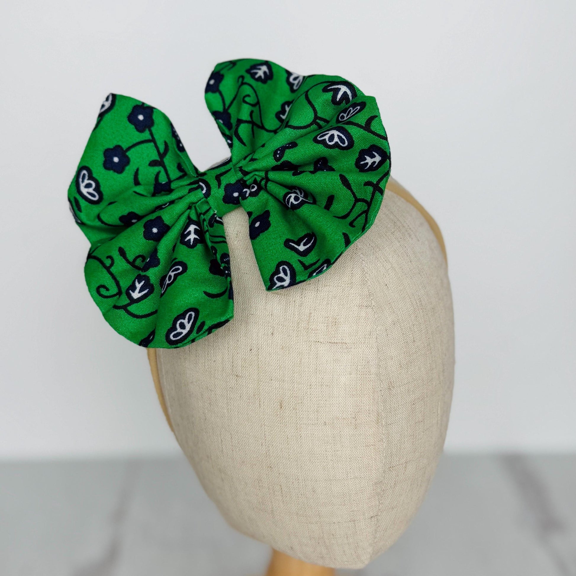 Mommy and Me Extra Wide Wire Headwrap, Green Blue Floral Print African Ankara Fabric Headband, Statement Bow, Wired Head Wrap, Hair Clip