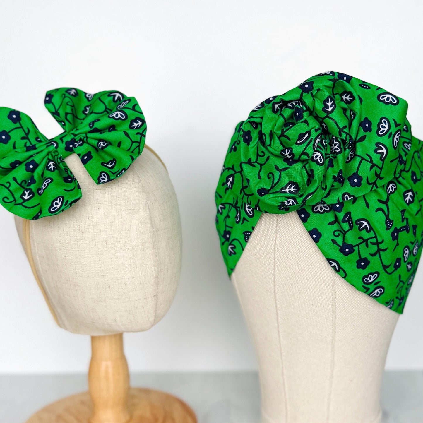 Mommy and Me Extra Wide Wire Headwrap, Green Blue Floral Print African Ankara Fabric Headband, Statement Bow, Wired Head Wrap, Hair Clip
