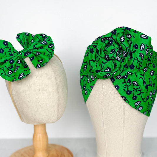 Mommy and Me Extra Wide Wire Headwrap, Green Blue Floral Print African Ankara Fabric Headband, Statement Bow, Wired Head Wrap, Hair Clip