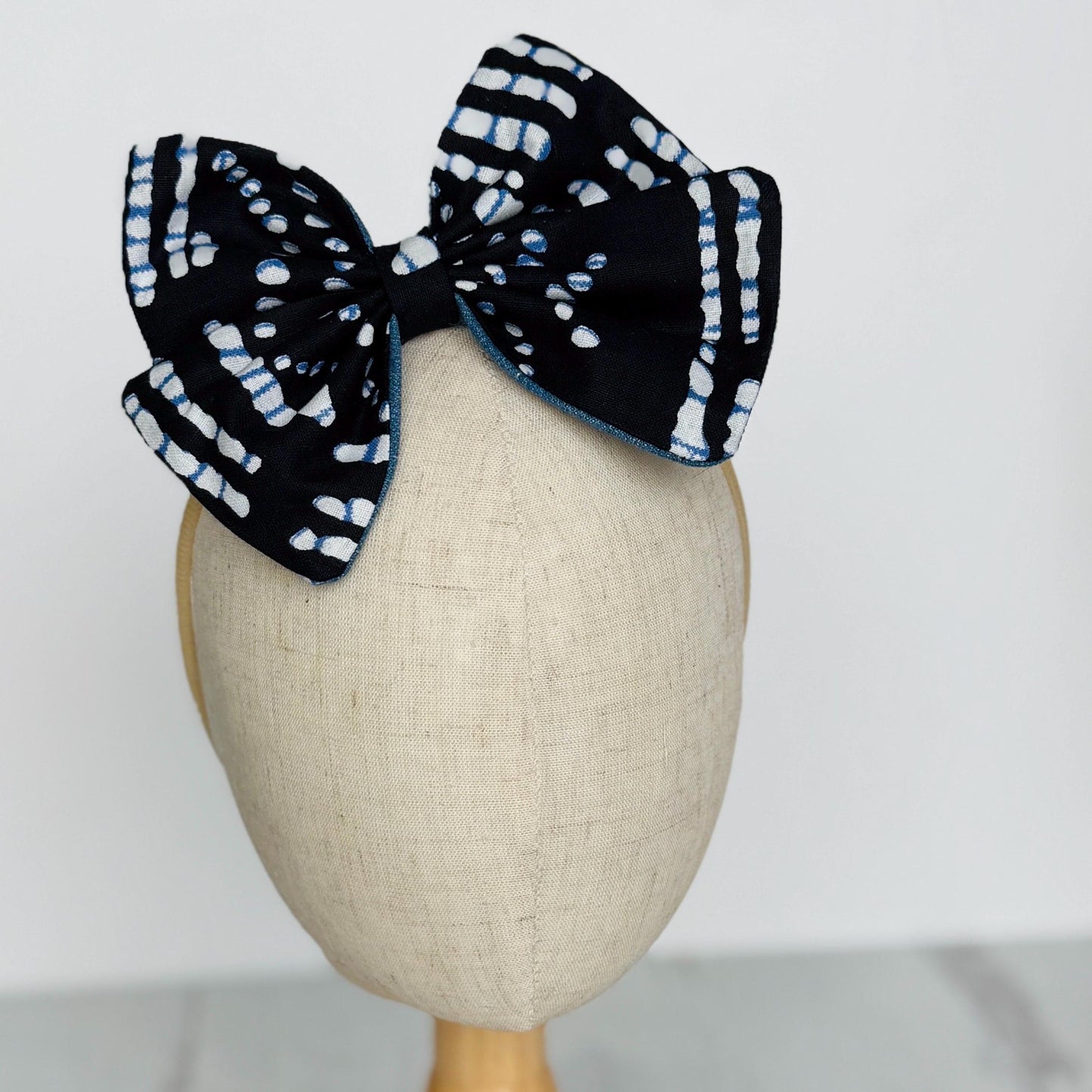 Large Pinwheel Hair Bow, Statement Bow, Black Blue White Tribal Print Denim Hair Bow, Barrette Hair Piece For Girls