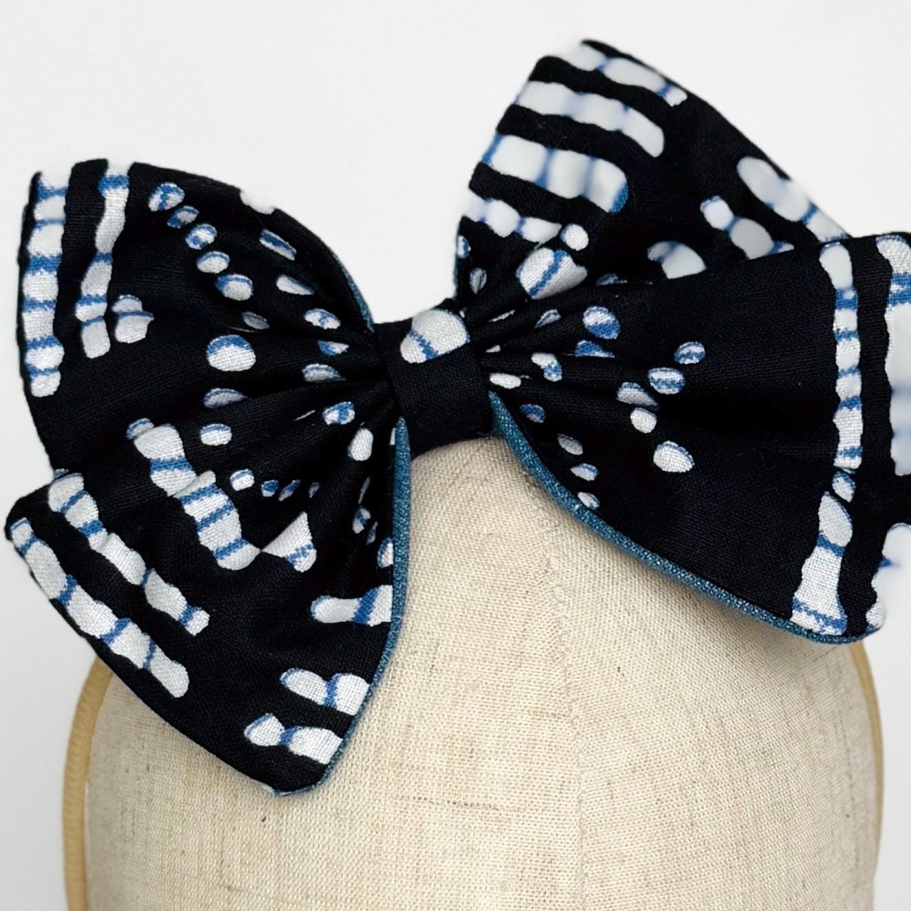 Large Pinwheel Hair Bow, Statement Bow, Black Blue White Tribal Print Denim Hair Bow, Barrette Hair Piece For Girls