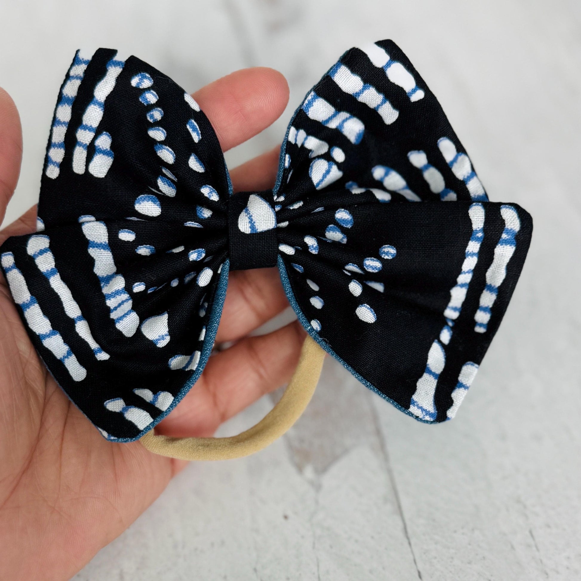 Large Pinwheel Hair Bow, Statement Bow, Black Blue White Tribal Print Denim Hair Bow, Barrette Hair Piece For Girls
