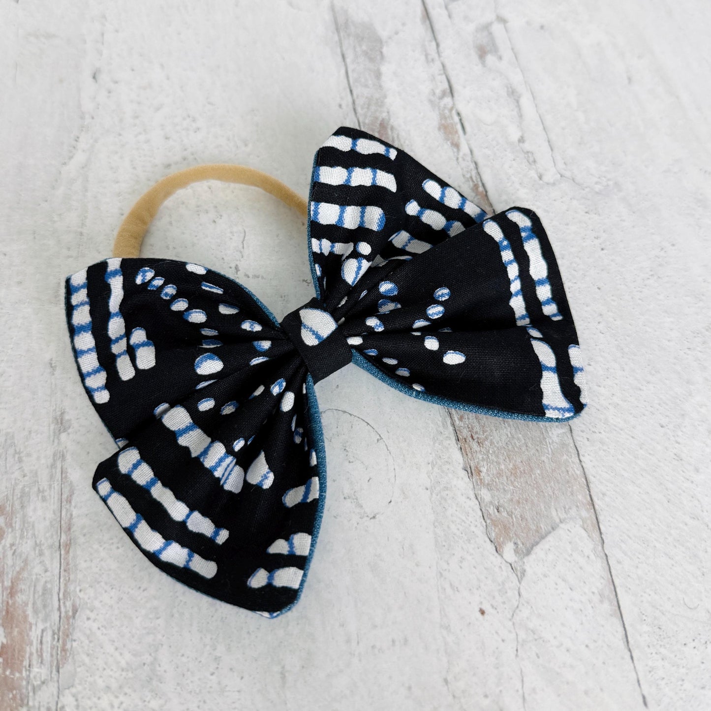 Large Pinwheel Hair Bow, Statement Bow, Black Blue White Tribal Print Denim Hair Bow, Barrette Hair Piece For Girls