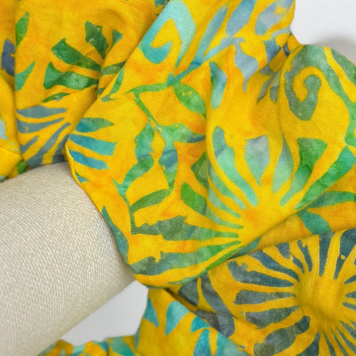 Oversized Batik Scrunchie, Jumbo Yellow Blue Hand Dyed Elastic Hair Tie, Boho Vibrant Print Statement Hair Accessories, Barrette