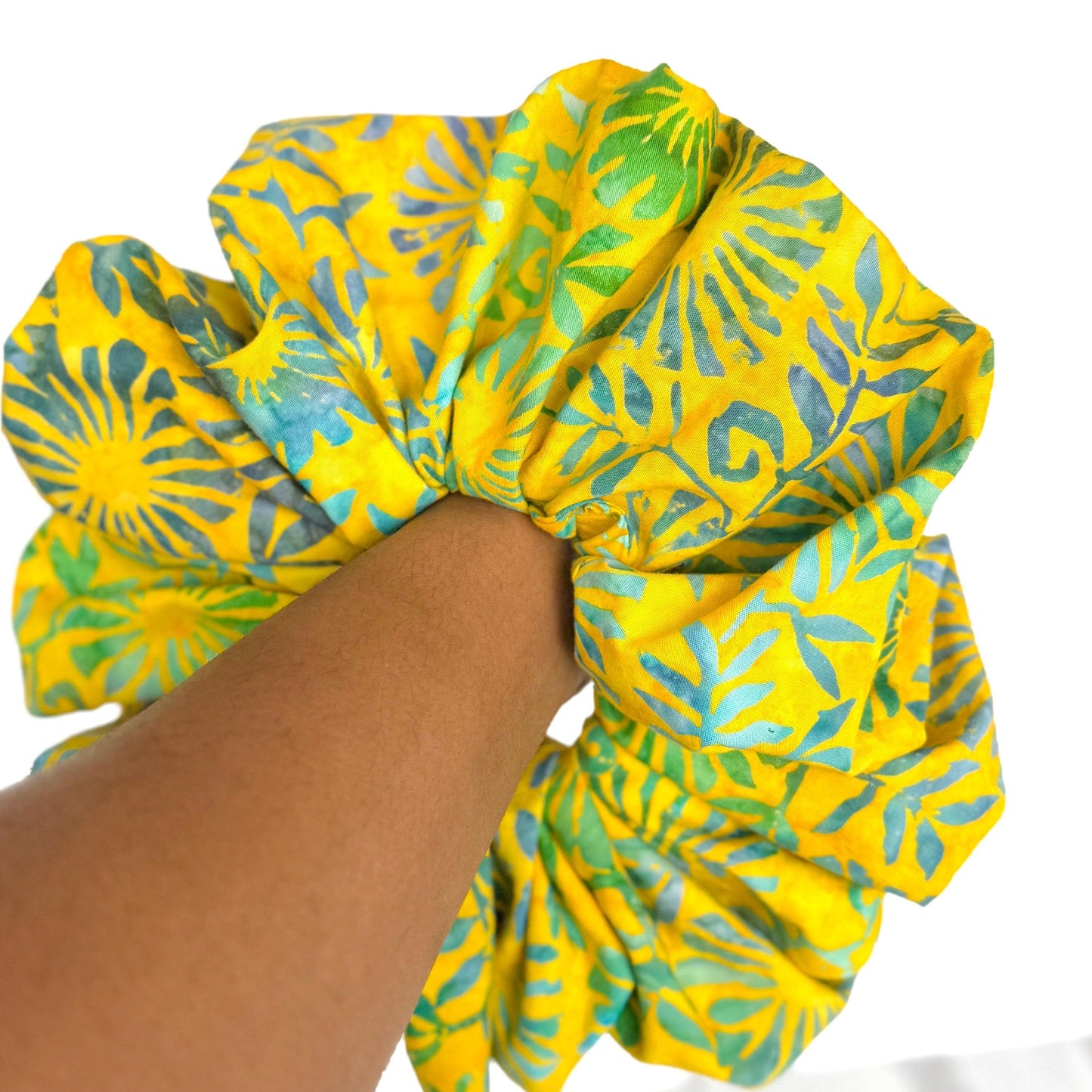 Oversized Batik Scrunchie, Jumbo Yellow Blue Hand Dyed Elastic Hair Tie, Boho Vibrant Print Statement Hair Accessories, Barrette