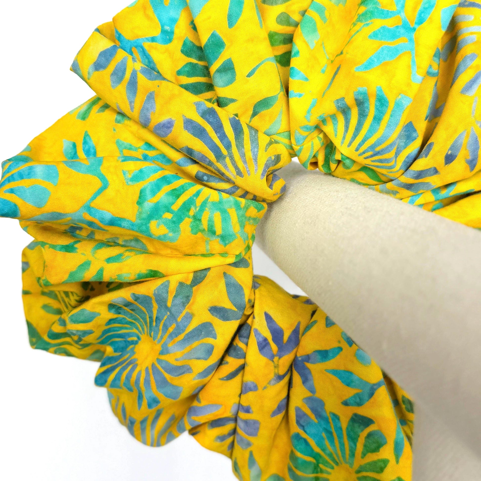 Oversized Batik Scrunchie, Jumbo Yellow Blue Hand Dyed Elastic Hair Tie, Boho Vibrant Print Statement Hair Accessories, Barrette