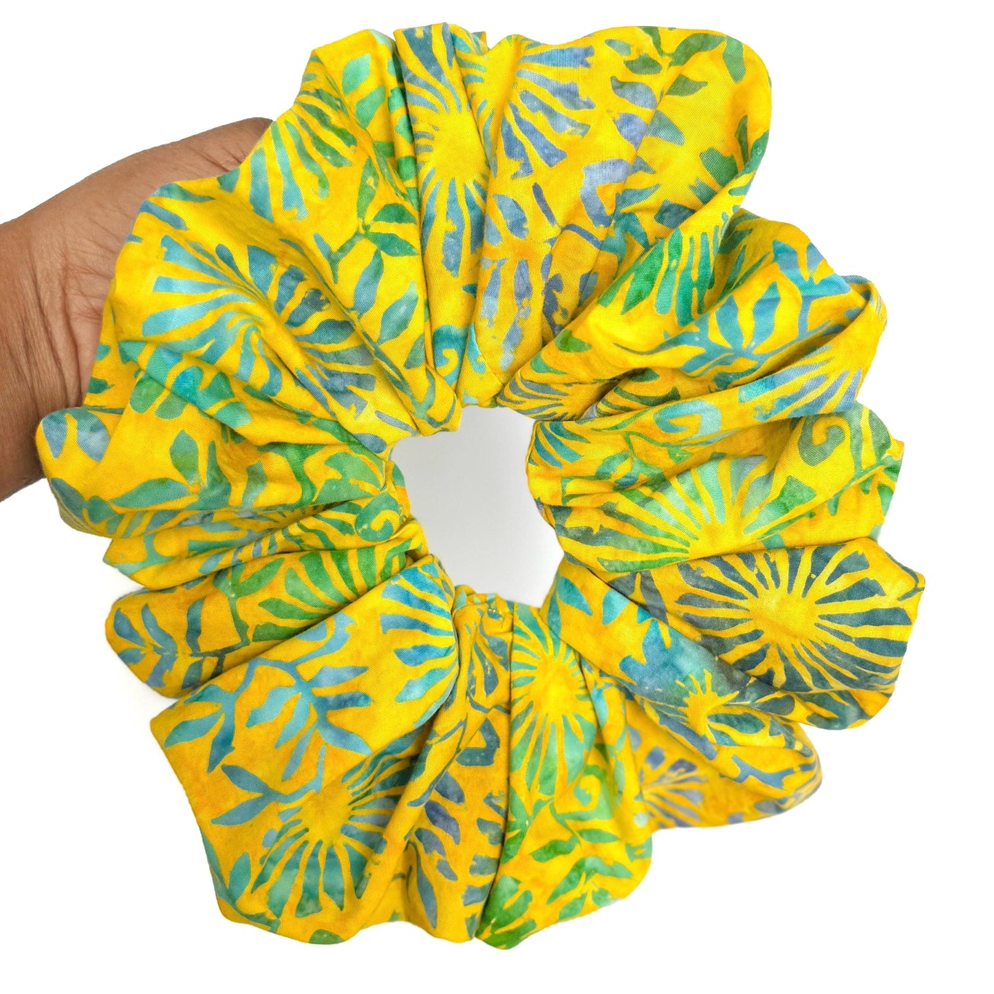 Oversized Batik Scrunchie, Jumbo Yellow Blue Hand Dyed Elastic Hair Tie, Boho Vibrant Print Statement Hair Accessories, Barrette