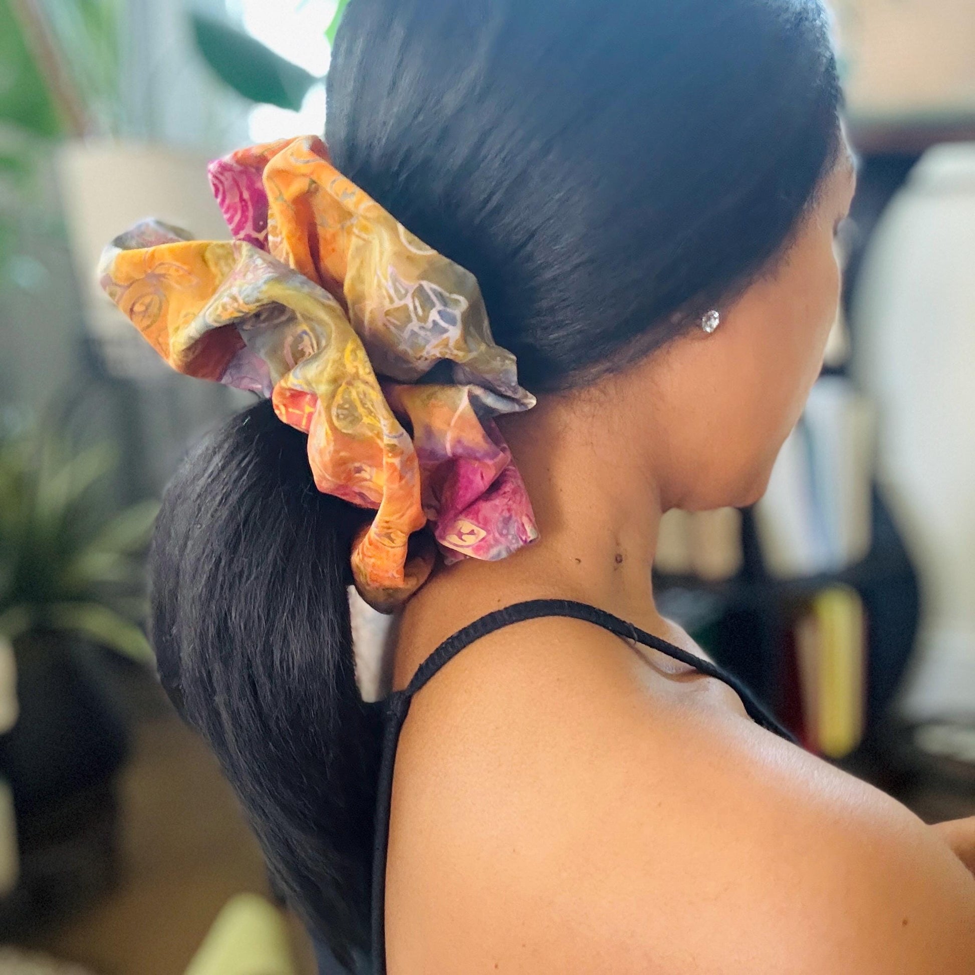 Oversized Batik Scrunchie, Jumbo Pink Purple Orange Hand Dyed Elastic Hair Tie, Boho Vibrant Print Statement Hair Accessories, Barrette