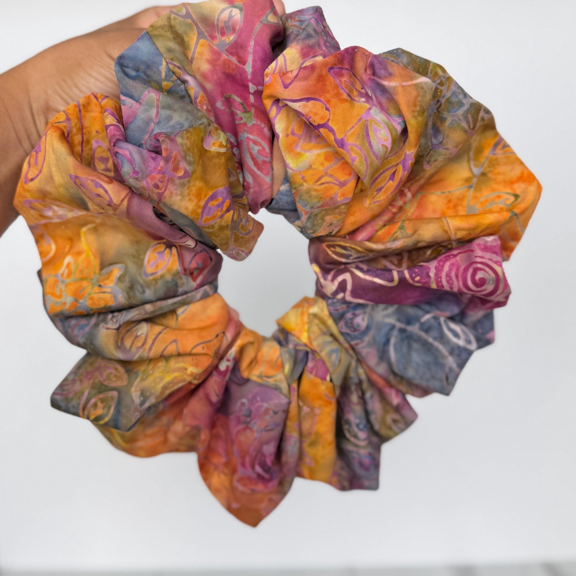 Oversized Batik Scrunchie, Jumbo Pink Purple Orange Hand Dyed Elastic Hair Tie, Boho Vibrant Print Statement Hair Accessories, Barrette