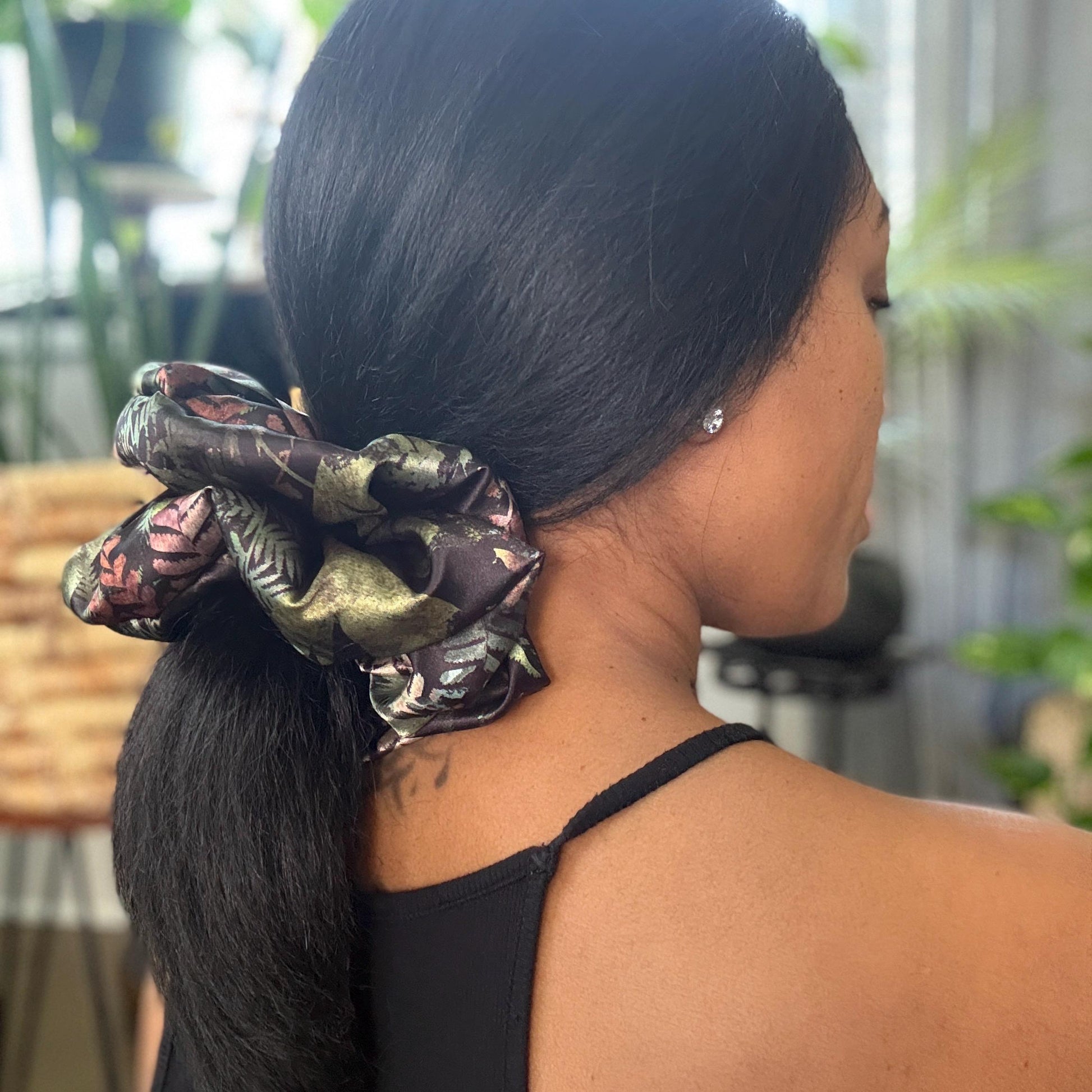 Oversized Silk Scrunchie, Jumbo Elastic Hair Tie, Black Boho Floral Print Statement Hair Accessories, Barrette