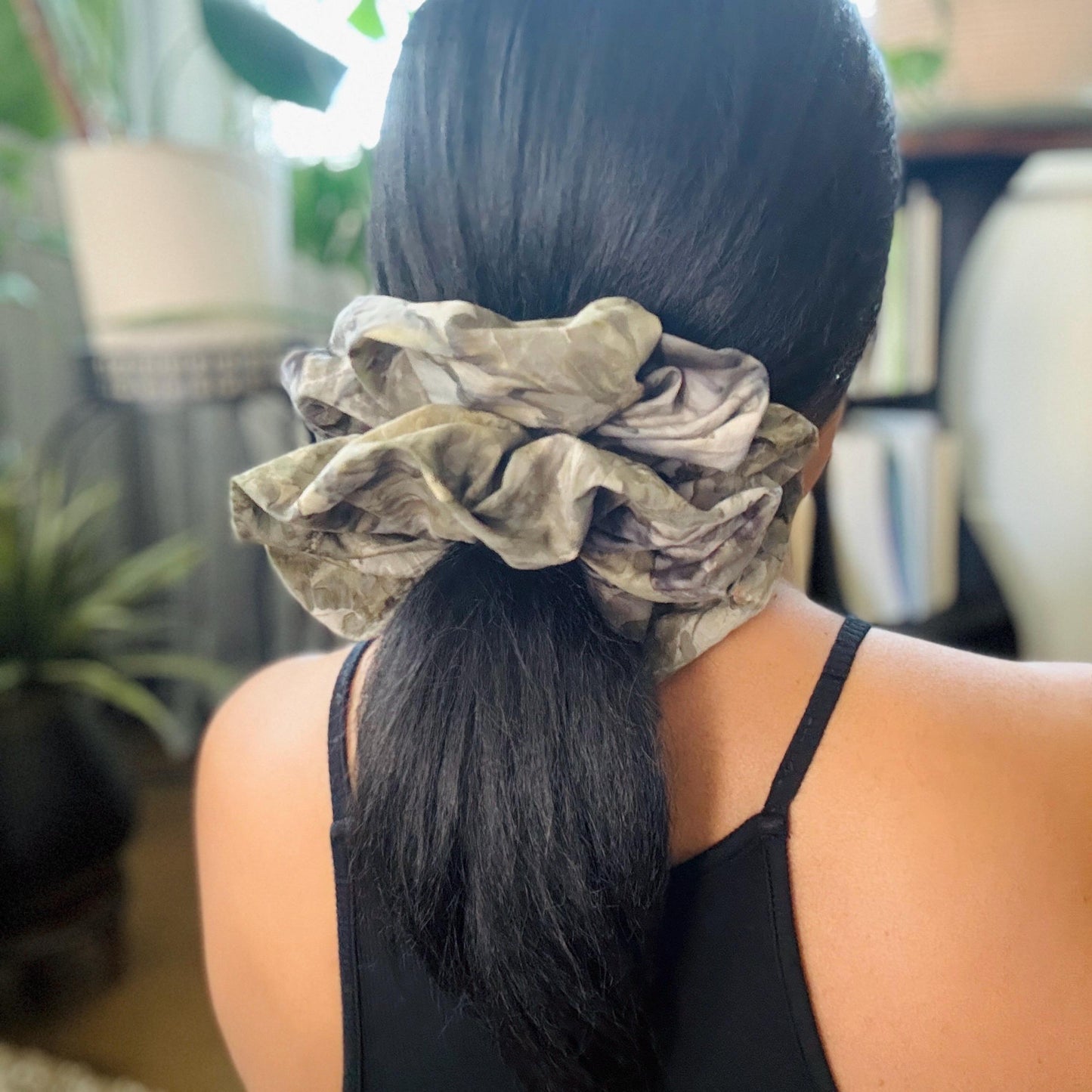 Oversized Batik Scrunchie, Jumbo Gray Hand Dyed Elastic Hair Tie, Boho Grey Statement Hair Accessories, Barrette