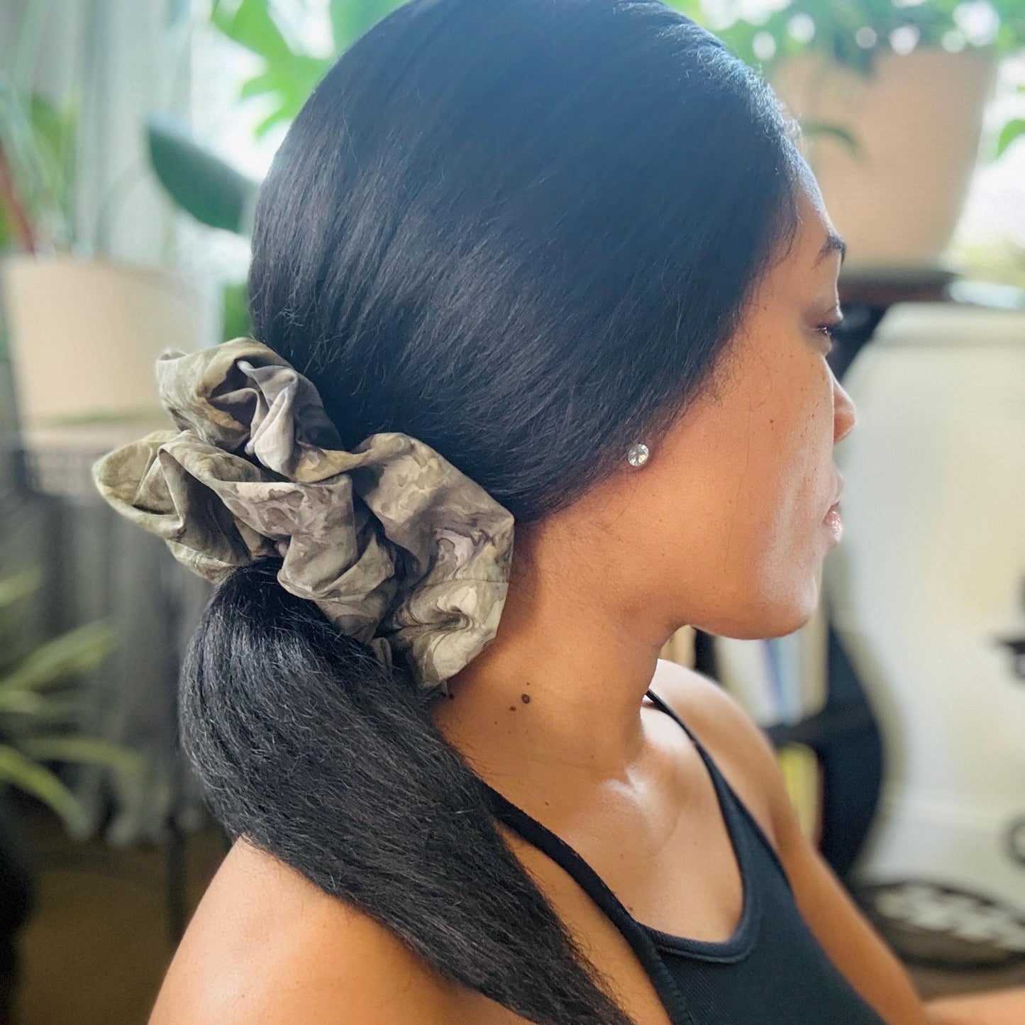 Oversized Batik Scrunchie, Jumbo Gray Hand Dyed Elastic Hair Tie, Boho Grey Statement Hair Accessories, Barrette