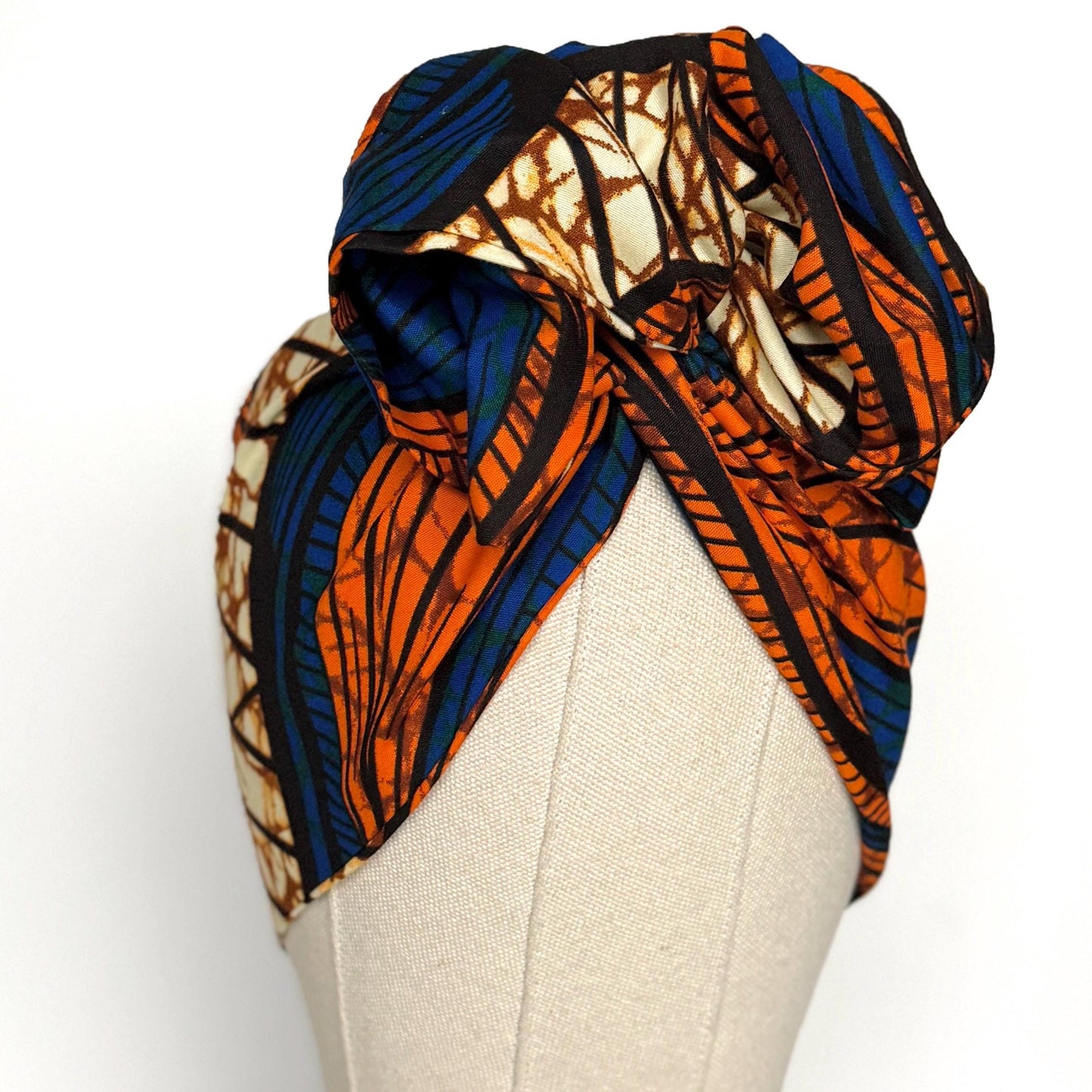 Extra Wide Adjustable Wire Wrap, Ankara Wired Headband, Blue Orange African Fabric Head Wrap, Ankara Afro Boho Turban