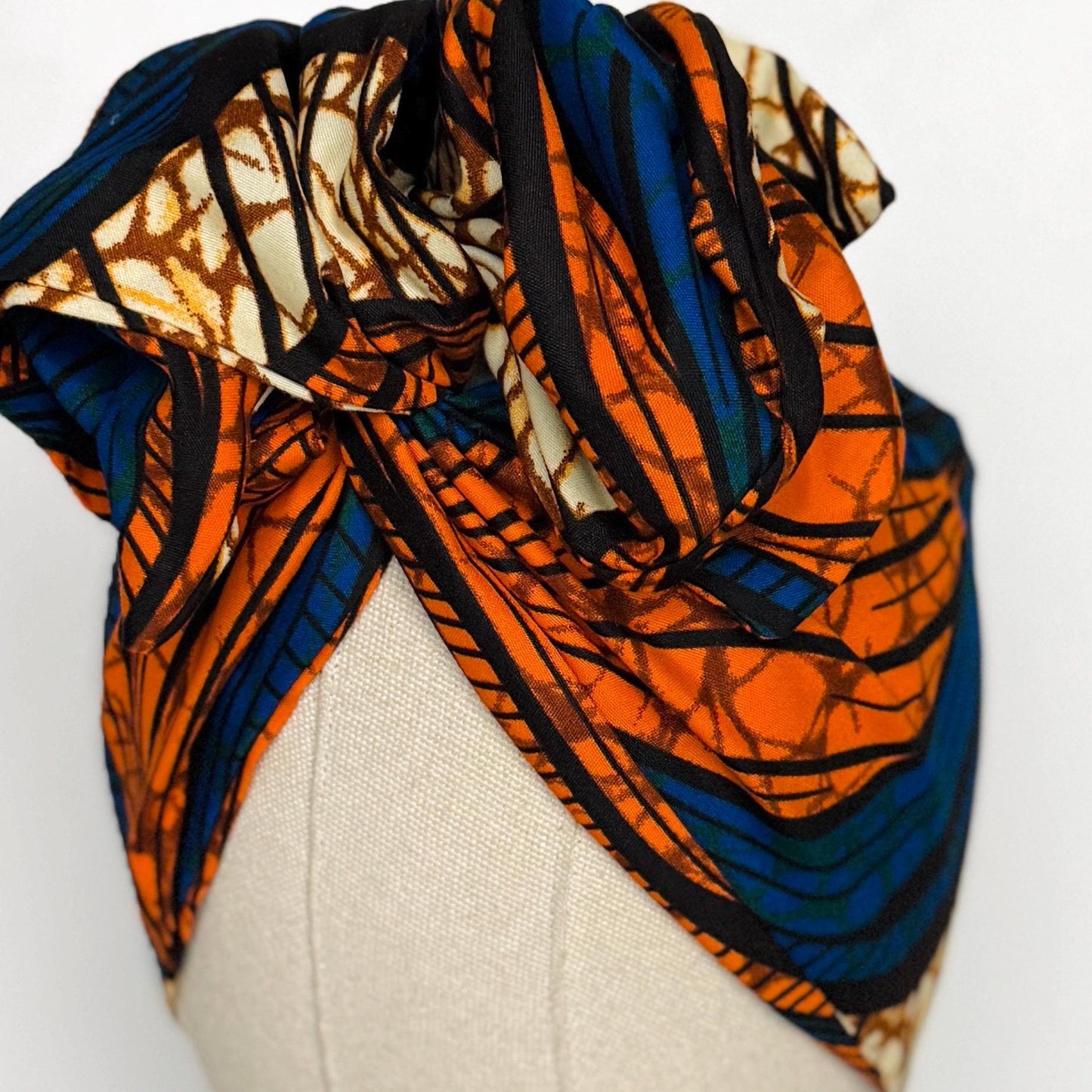 Extra Wide Adjustable Wire Wrap, Ankara Wired Headband, Blue Orange African Fabric Head Wrap, Ankara Afro Boho Turban