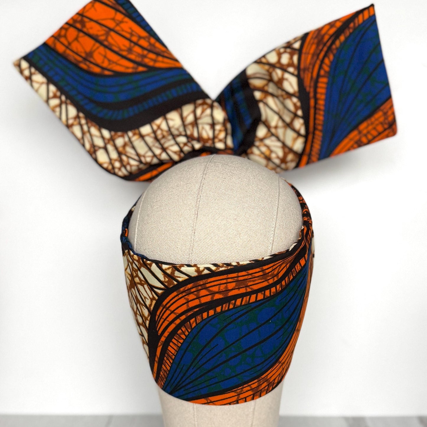 Extra Wide Adjustable Wire Wrap, Ankara Wired Headband, Blue Orange African Fabric Head Wrap, Ankara Afro Boho Turban