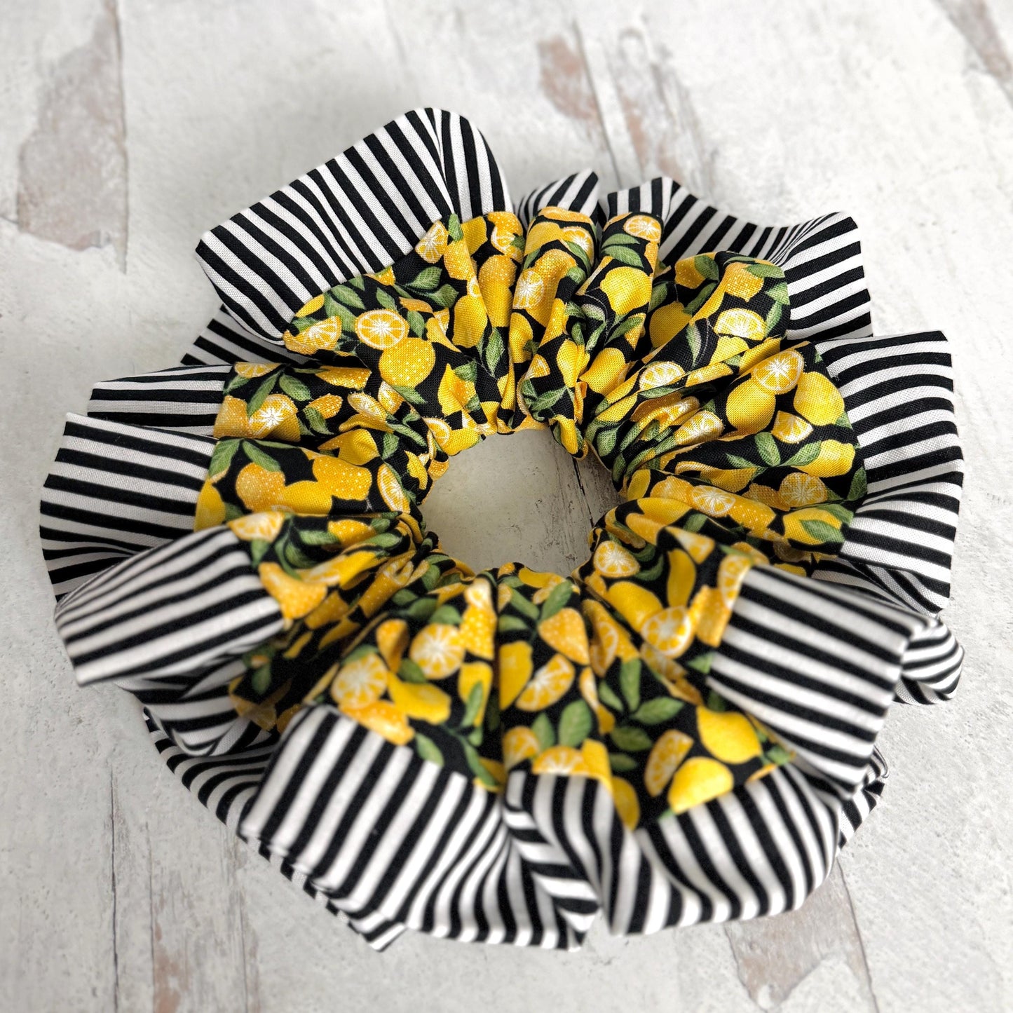Oversized Luxury Scrunchie, Jumbo Yellow Black Elastic Hair Tie, Boho Vibrant Lemon Striped Print Statement Accessories, Spring Barrette
