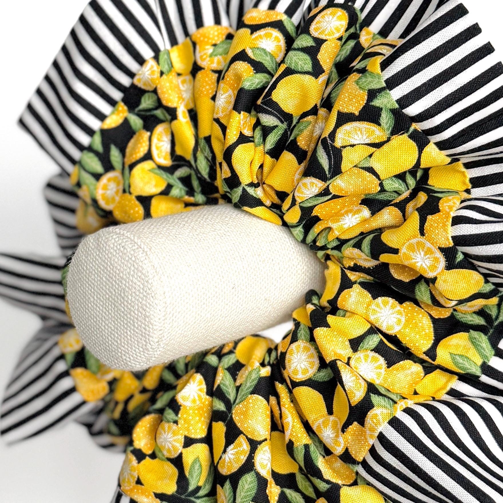 Oversized Luxury Scrunchie, Jumbo Yellow Black Elastic Hair Tie, Boho Vibrant Lemon Striped Print Statement Accessories, Spring Barrette