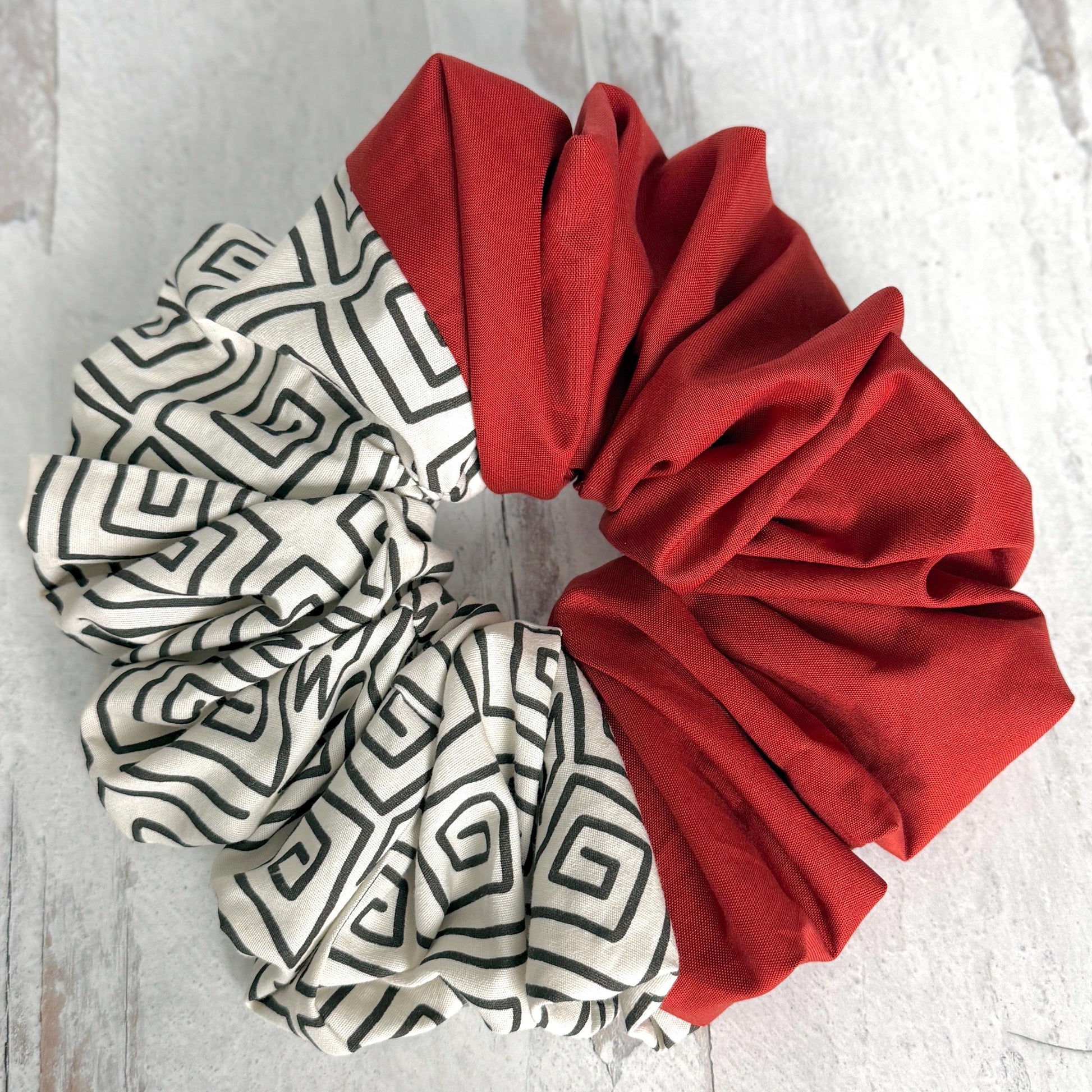 Oversized Afro Boho Scrunchie, Jumbo Color Block Elastic Hair Tie, Retro Vibrant Burnt Orange Tribal Print Statement Accessories, Barrette