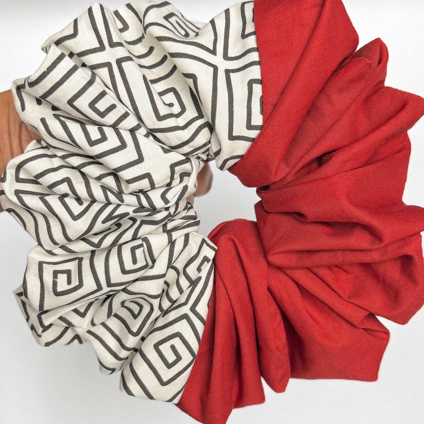 Oversized Afro Boho Scrunchie, Jumbo Color Block Elastic Hair Tie, Retro Vibrant Burnt Orange Tribal Print Statement Accessories, Barrette