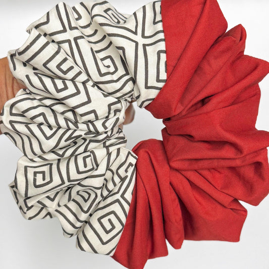 Oversized Afro Boho Scrunchie, Jumbo Color Block Elastic Hair Tie, Retro Vibrant Burnt Orange Tribal Print Statement Accessories, Barrette