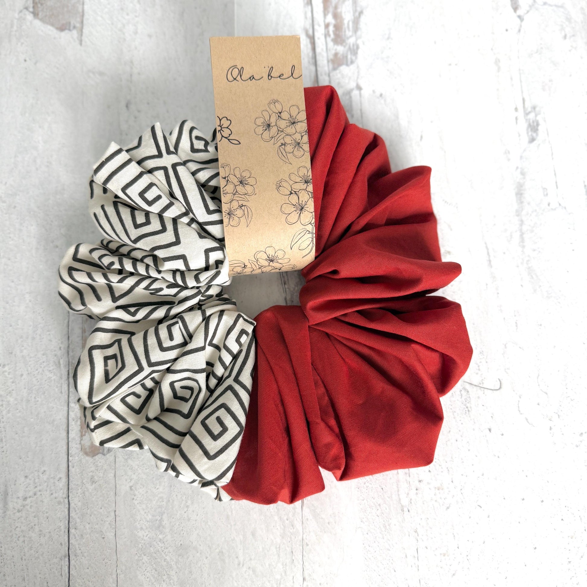 Oversized Afro Boho Scrunchie, Jumbo Color Block Elastic Hair Tie, Retro Vibrant Burnt Orange Tribal Print Statement Accessories, Barrette