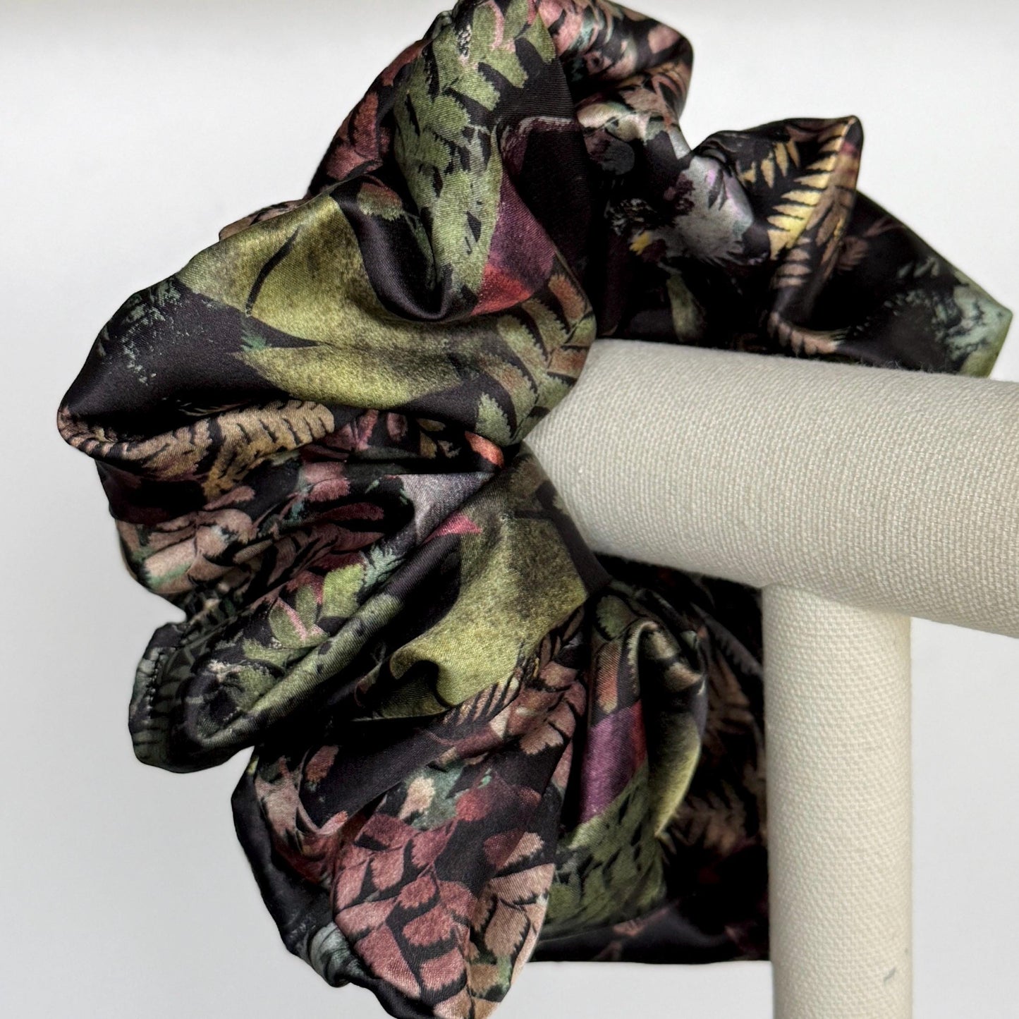 Oversized Silk Scrunchie, Jumbo Elastic Hair Tie, Black Boho Floral Print Statement Hair Accessories, Barrette