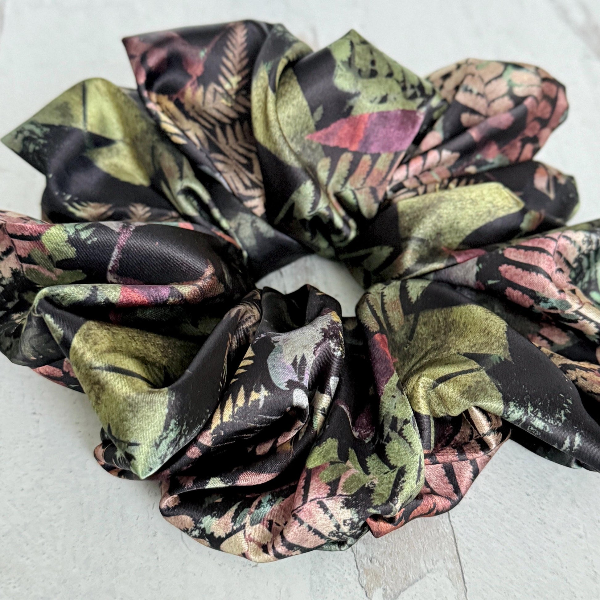 Oversized Silk Scrunchie, Jumbo Elastic Hair Tie, Black Boho Floral Print Statement Hair Accessories, Barrette