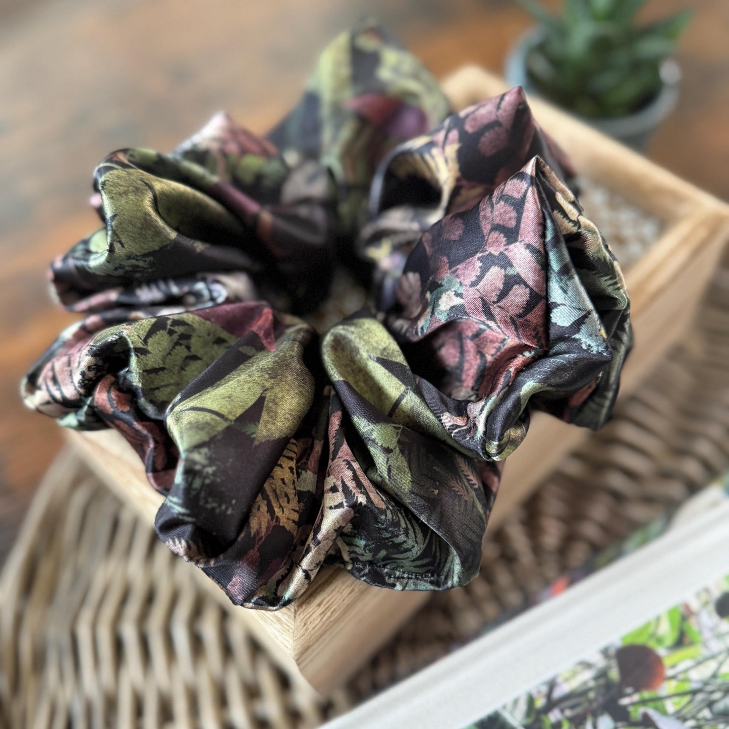 Oversized Silk Scrunchie, Jumbo Elastic Hair Tie, Black Boho Floral Print Statement Hair Accessories, Barrette