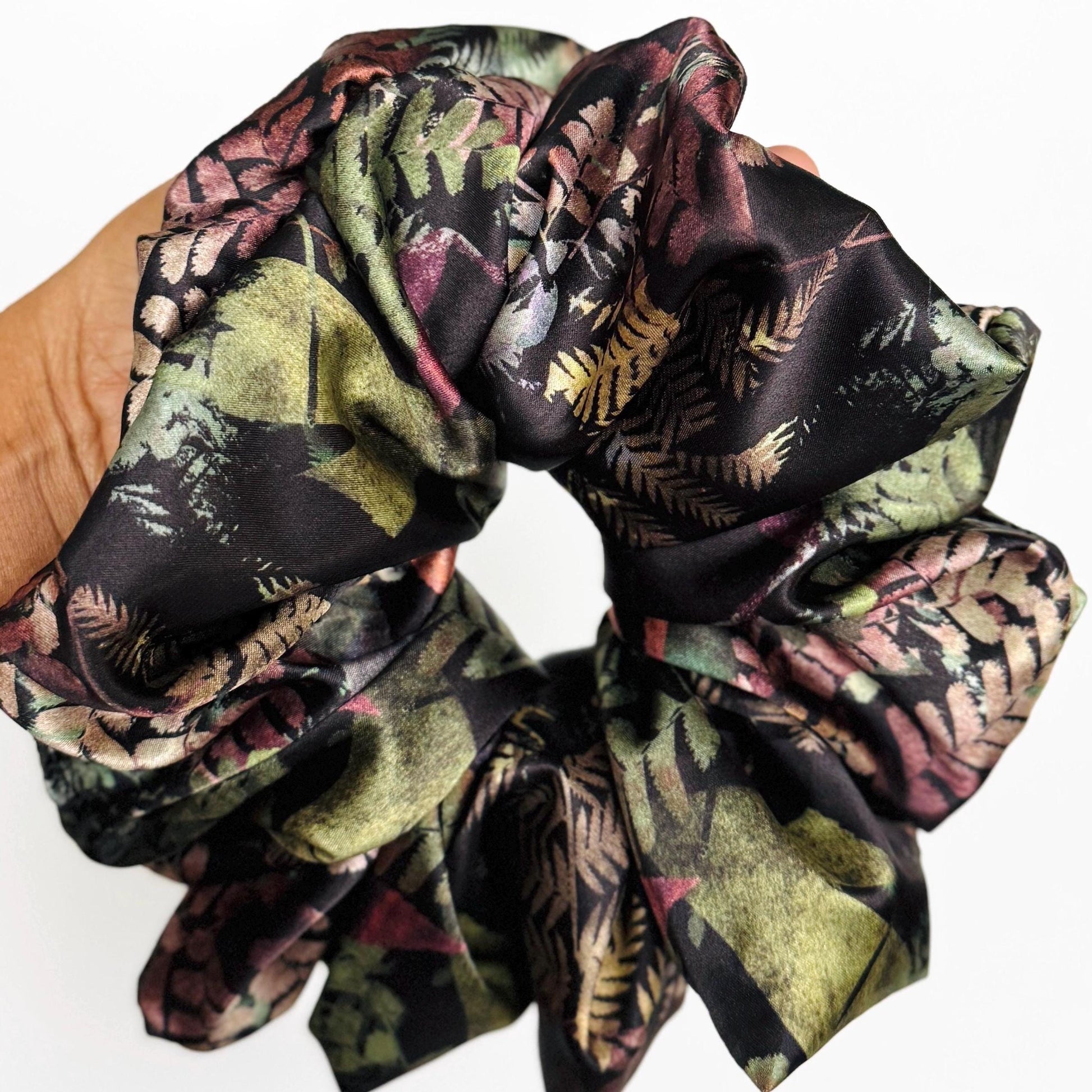 Oversized Silk Scrunchie, Jumbo Elastic Hair Tie, Black Boho Floral Print Statement Hair Accessories, Barrette