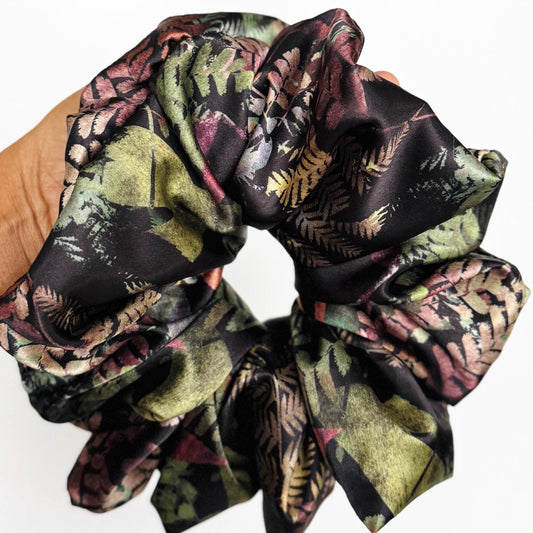 Oversized Silk Scrunchie, Jumbo Elastic Hair Tie, Black Boho Floral Print Statement Hair Accessories, Barrette
