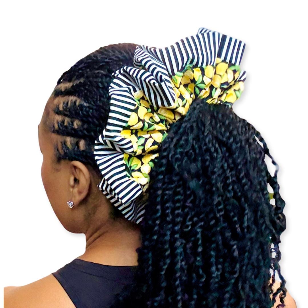 Oversized Luxury Scrunchie, Jumbo Yellow Black Elastic Hair Tie, Boho Vibrant Lemon Striped Print Statement Accessories, Spring Barrette