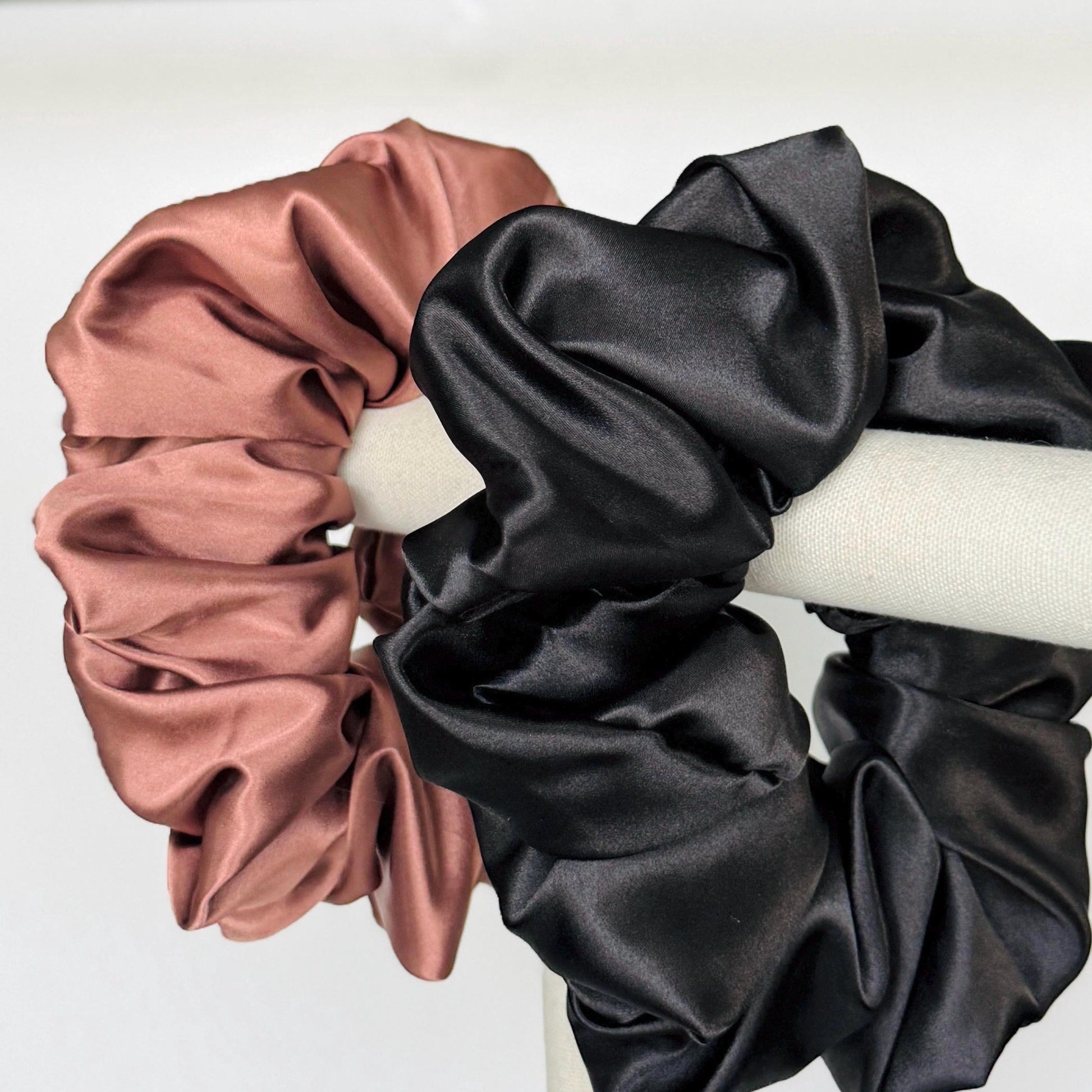 Oversized Satin Scrunchie, Jumbo Elastic Hair Tie, Black Champagne Silky Statement Hair Accessories, Barrette, Mod Style, Retro Fashion