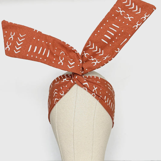Mini Adjustable Wire Head Wrap, Burnt Orange Tribal Print Wired Headband, Bendable Fabric Head Wrap, Women Head Scarf, Hair Accessories