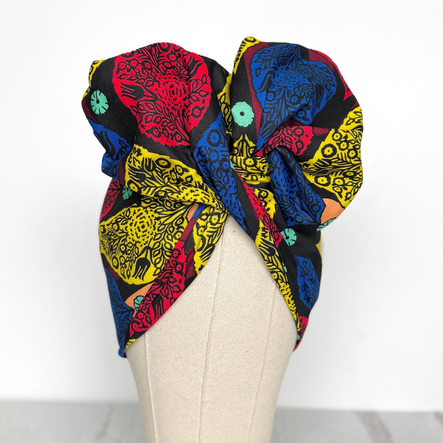 Full Turban Ankara Wire Headband, Extra Wide Red Yellow Blue African Print Wired Head Wrap, Full Turban, Afro Boho Hair Accessories
