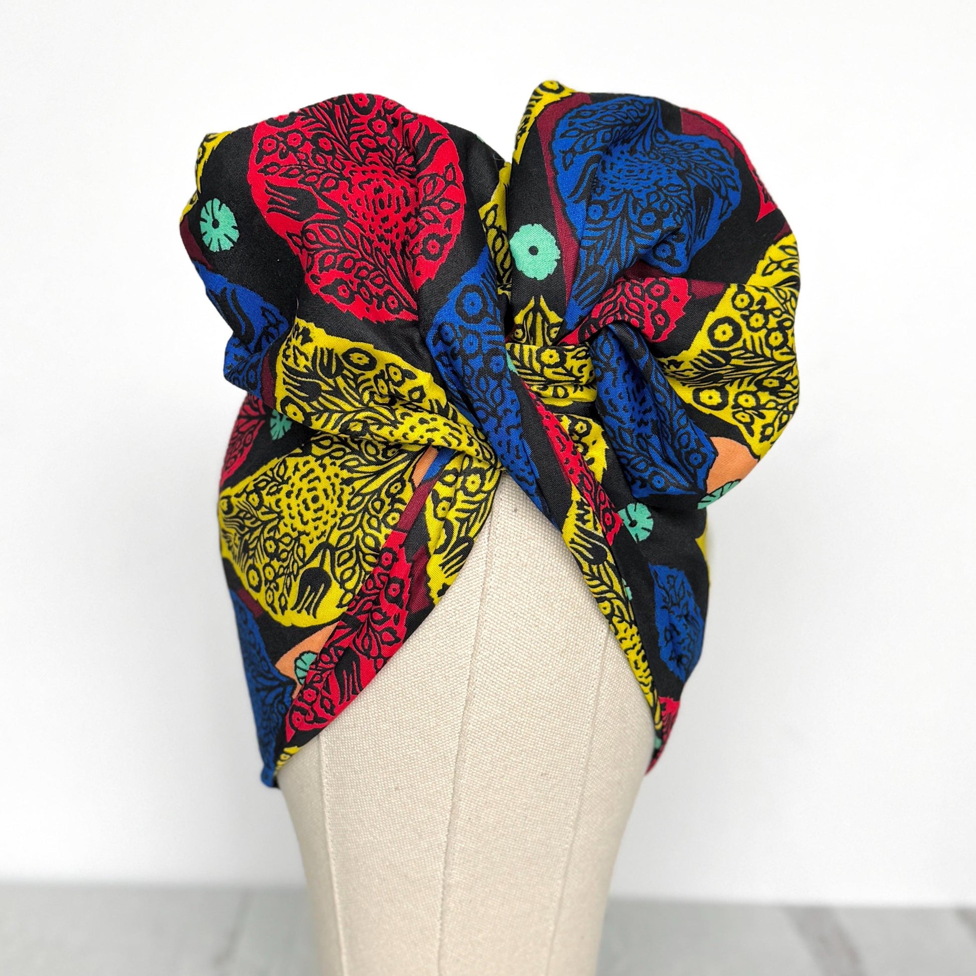 Full Turban Ankara Wire Headband, Extra Wide Red Yellow Blue African Print Wired Head Wrap, Full Turban, Afro Boho Hair Accessories