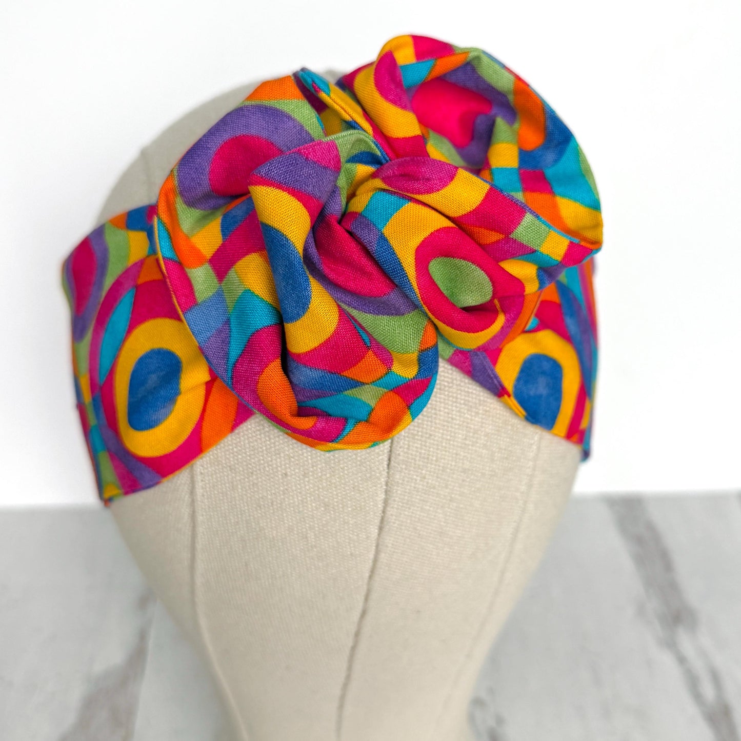 Mini Adjustable Wire Head Wrap, Geometric Multicolor Retro Mod Print Wired Headband, Bendable Fabric Head Wrap, Women Hair Accessories