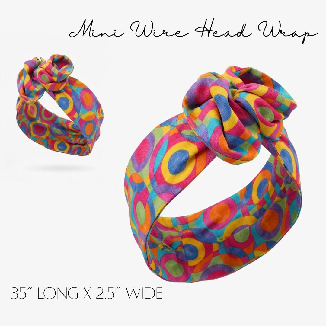 Mini Adjustable Wire Head Wrap, Geometric Multicolor Retro Mod Print Wired Headband, Bendable Fabric Head Wrap, Women Hair Accessories