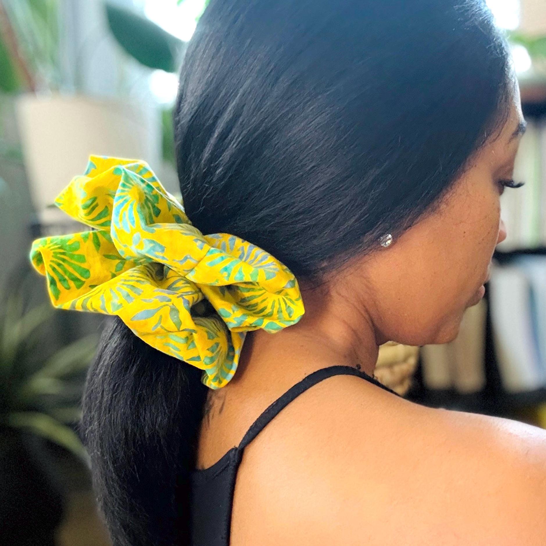 Oversized Batik Scrunchie, Jumbo Yellow Blue Hand Dyed Elastic Hair Tie, Boho Vibrant Print Statement Hair Accessories, Barrette