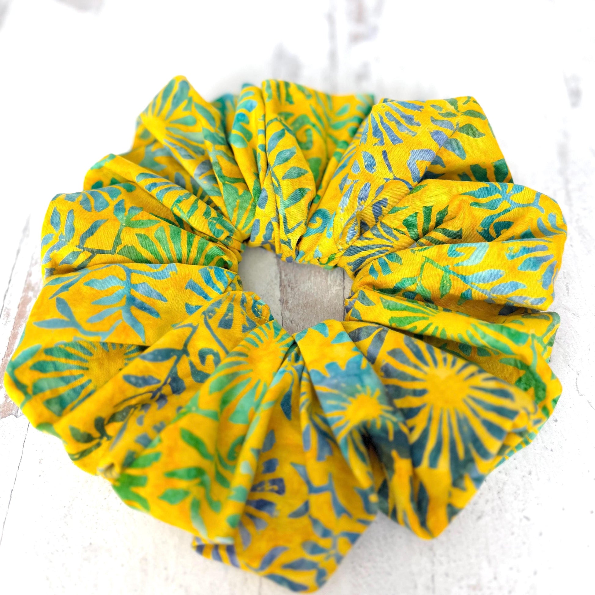 Oversized Batik Scrunchie, Jumbo Yellow Blue Hand Dyed Elastic Hair Tie, Boho Vibrant Print Statement Hair Accessories, Barrette