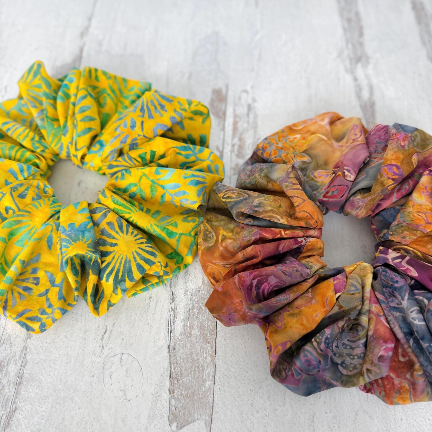 Oversized Batik Scrunchie, Jumbo Yellow Blue Hand Dyed Elastic Hair Tie, Boho Vibrant Print Statement Hair Accessories, Barrette