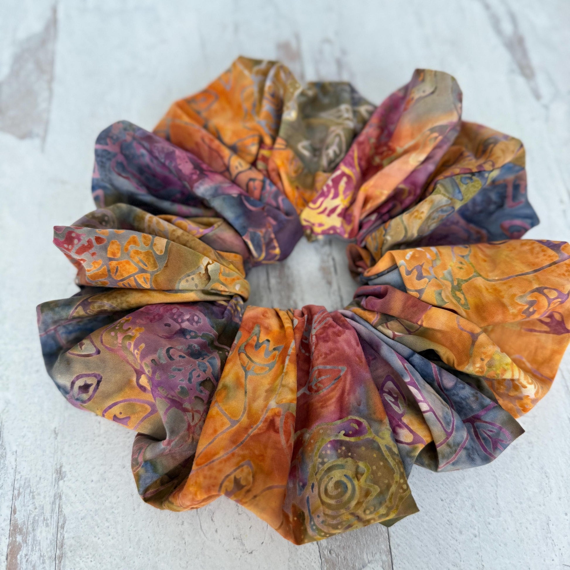 Oversized Batik Scrunchie, Jumbo Pink Purple Orange Hand Dyed Elastic Hair Tie, Boho Vibrant Print Statement Hair Accessories, Barrette