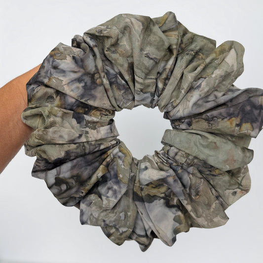 Oversized Batik Scrunchie, Jumbo Gray Hand Dyed Elastic Hair Tie, Boho Grey Statement Hair Accessories, Barrette
