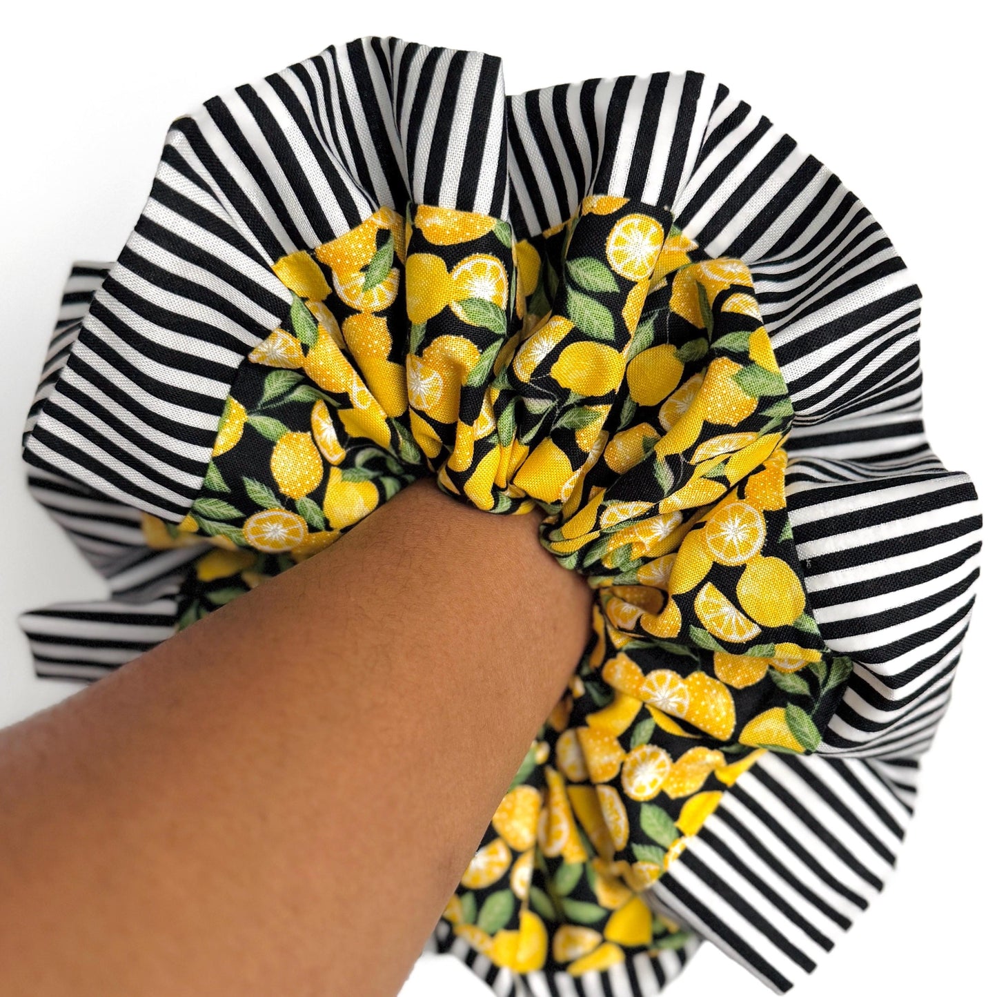 Oversized Luxury Scrunchie, Jumbo Yellow Black Elastic Hair Tie, Boho Vibrant Lemon Striped Print Statement Accessories, Spring Barrette