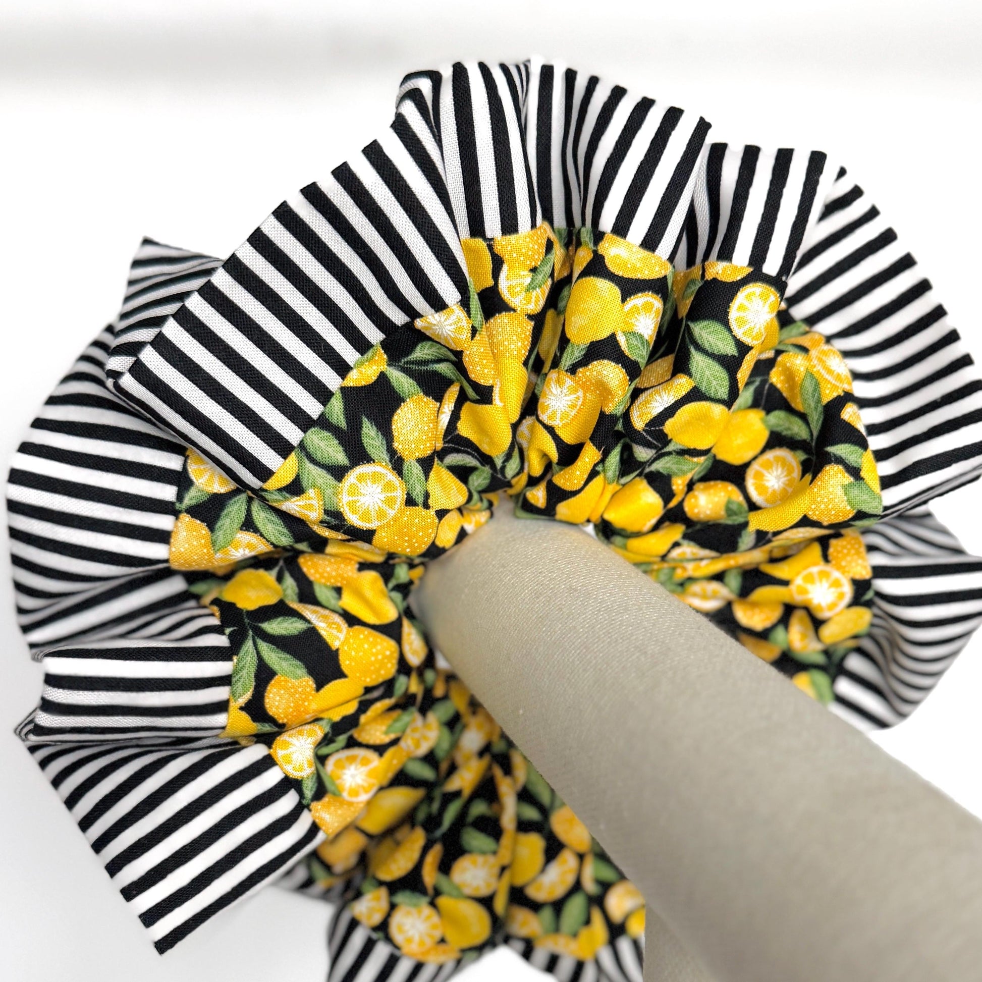 Oversized Luxury Scrunchie, Jumbo Yellow Black Elastic Hair Tie, Boho Vibrant Lemon Striped Print Statement Accessories, Spring Barrette