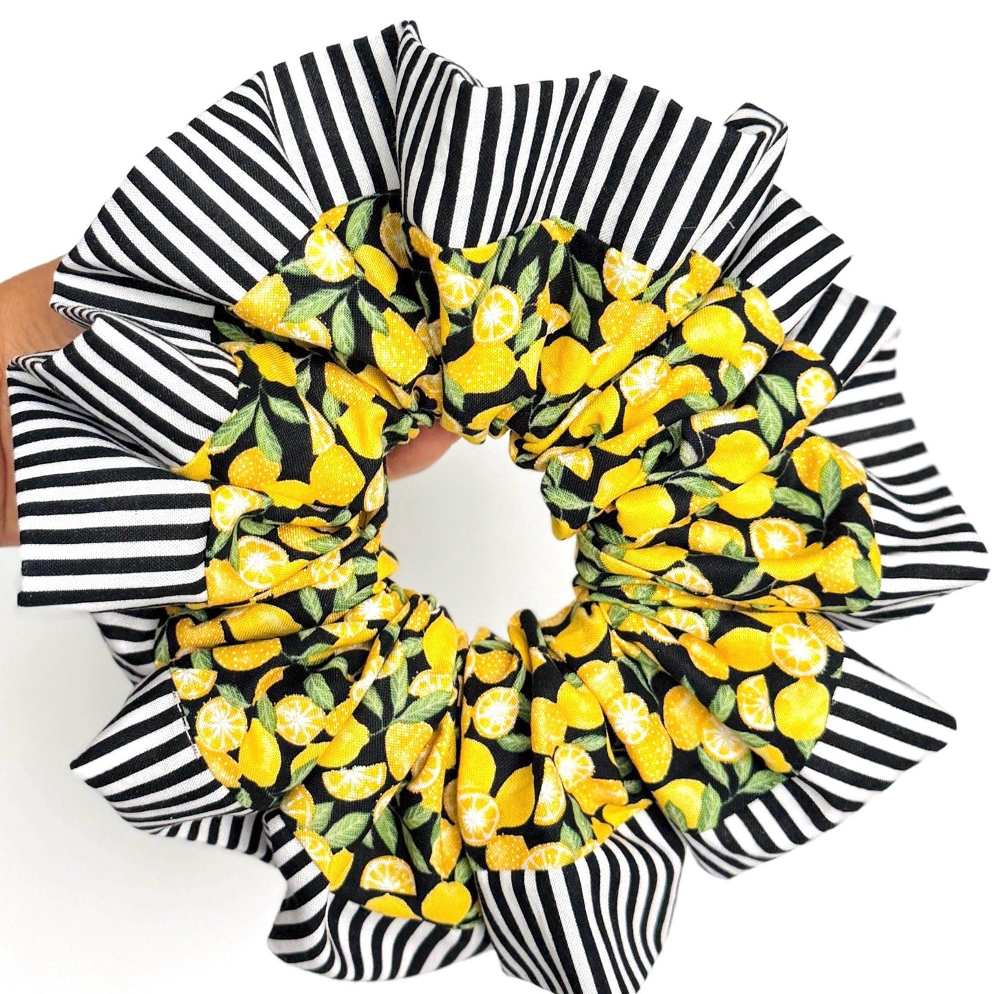 Oversized Luxury Scrunchie, Jumbo Yellow Black Elastic Hair Tie, Boho Vibrant Lemon Striped Print Statement Accessories, Spring Barrette