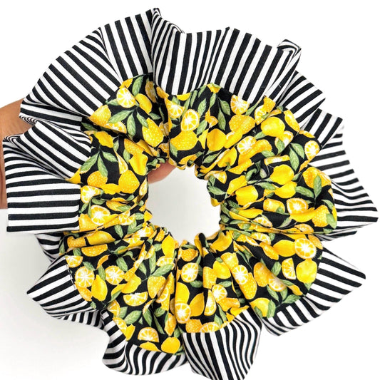 Oversized Luxury Scrunchie, Jumbo Yellow Black Elastic Hair Tie, Boho Vibrant Lemon Striped Print Statement Accessories, Spring Barrette