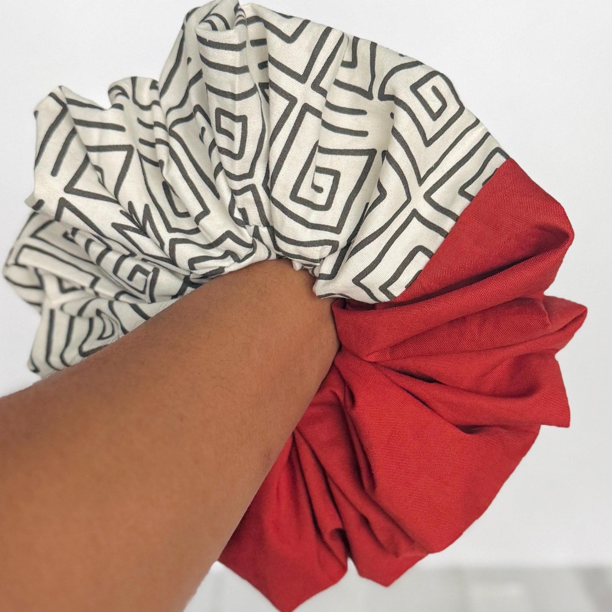 Oversized Afro Boho Scrunchie, Jumbo Color Block Elastic Hair Tie, Retro Vibrant Burnt Orange Tribal Print Statement Accessories, Barrette