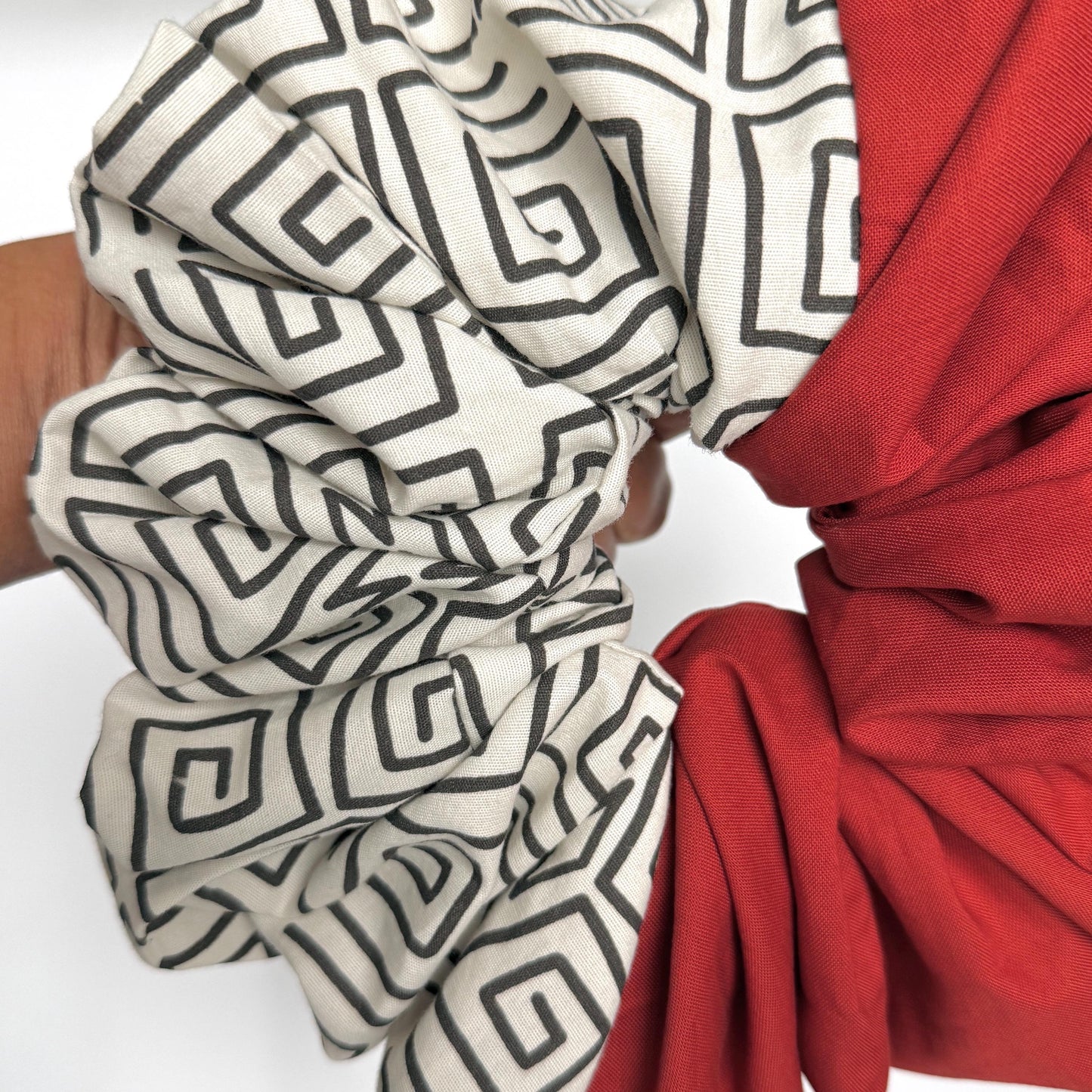 Oversized Afro Boho Scrunchie, Jumbo Color Block Elastic Hair Tie, Retro Vibrant Burnt Orange Tribal Print Statement Accessories, Barrette